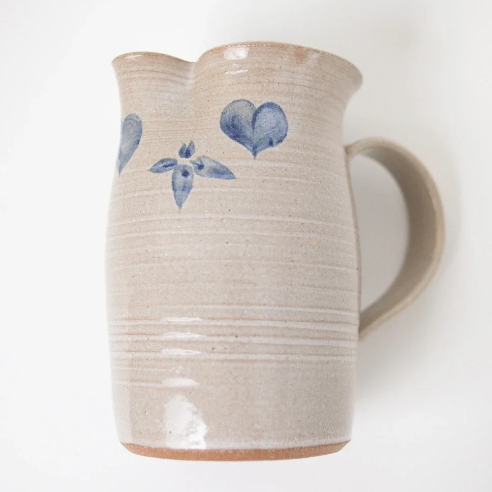 Vintage 1984 Buell Art Pottery Salt Glaze Pitcher Cobalt Hearts Flowers Signed